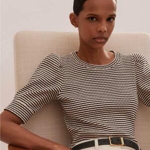 ME+EM Black and Cream Striped Puff-Sleeve Knit Top